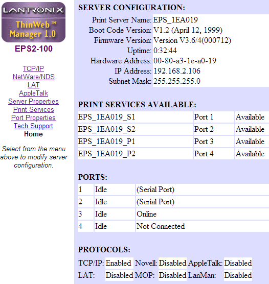 COM-Server Lantronix EPS2-100 Browser