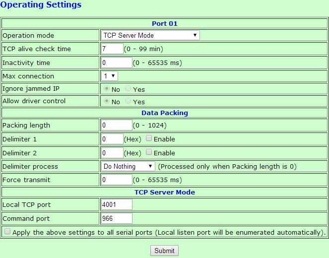 operating settings