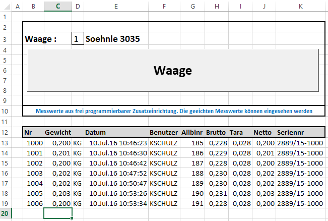 EXCEL Waagenschnittstelle